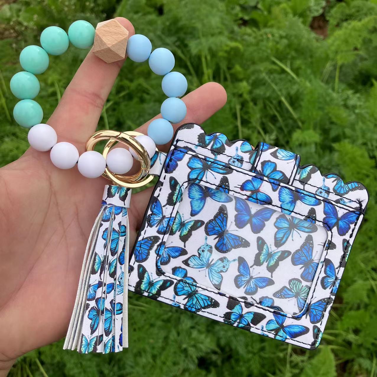 Wholesale Card Holder Pu Tassel Beads Bracelet Wallet Keychain